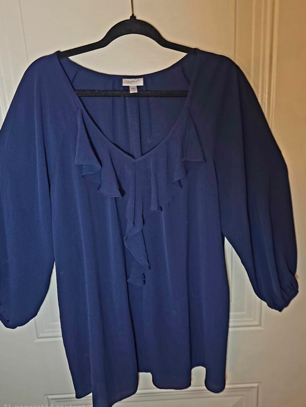 Avenue Navy Blue Ruffle Front Blouse Plus Size 26/28 Semi Shee Career Chic - Picture 2 of 10